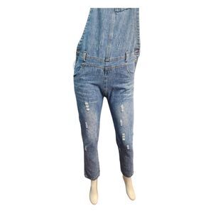 Women's Blue Denim Overalls Jean Semi Distressed Jumpsuit Small